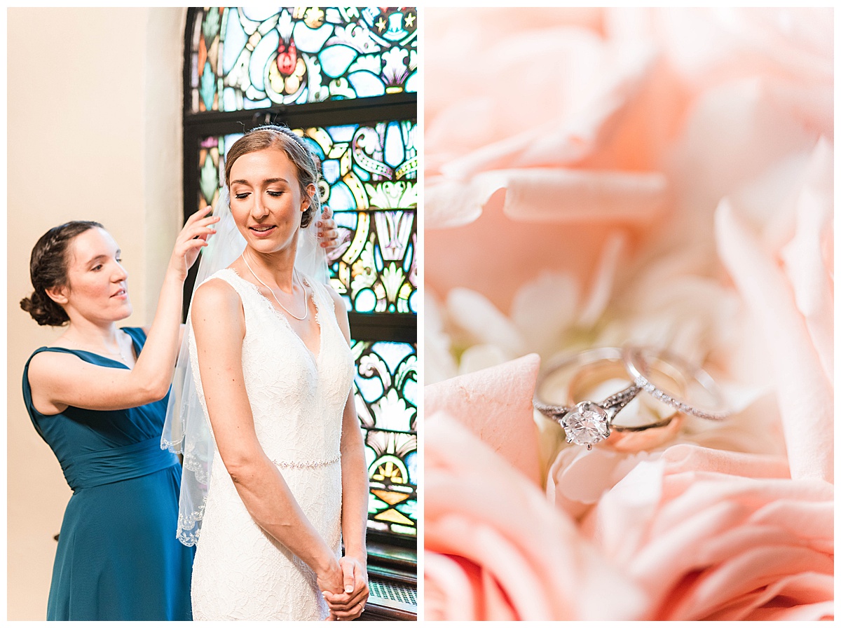 Virginia Museum of Fine Arts Wedding: wedding ring details and bridal portrait, getting ready, teal bridesmaid dress, blush roses bridal bouquet