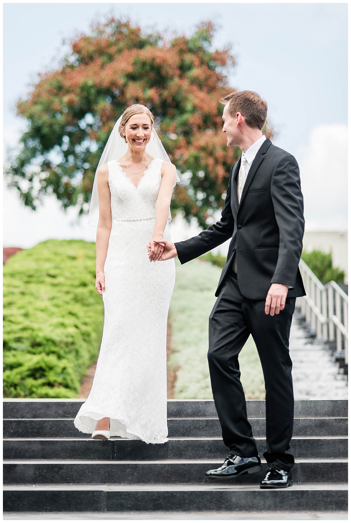 Virginia Museum of Fine Arts Wedding: VMFA, bride and groom formal portraits, black suit, white wedding dress with veil, outdoors