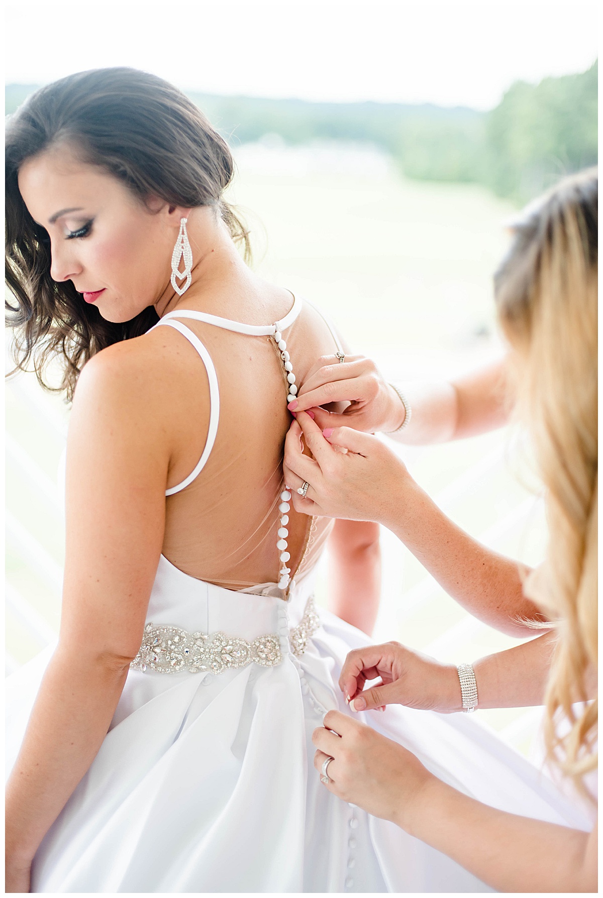 Independence Golf Club Wedding: bridal portrait, getting ready, white wedding dress with buttons detail