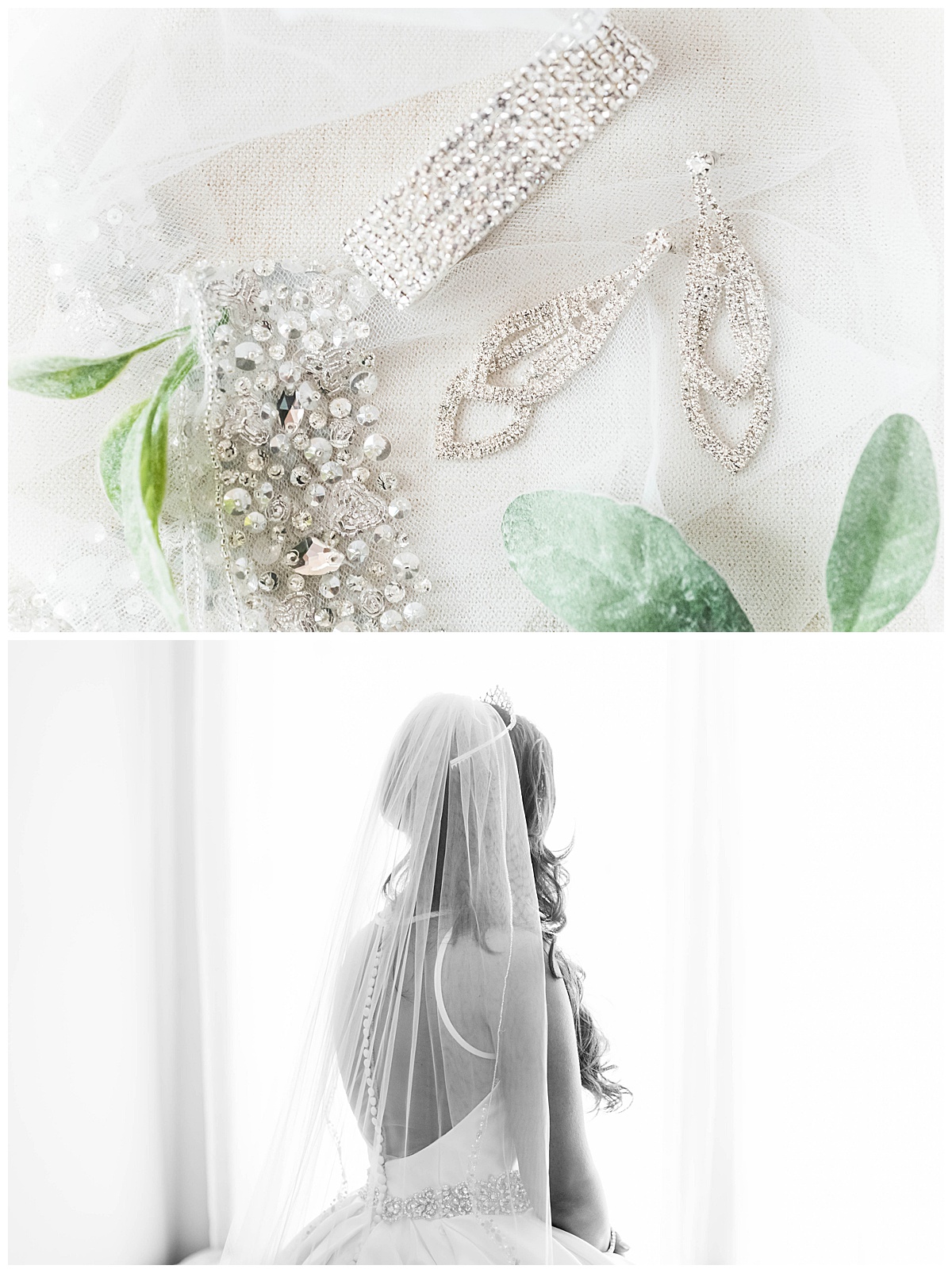 Independence Golf Club Wedding: Bridal jewelry with greenery, bridal portrait, veil, black and white photo