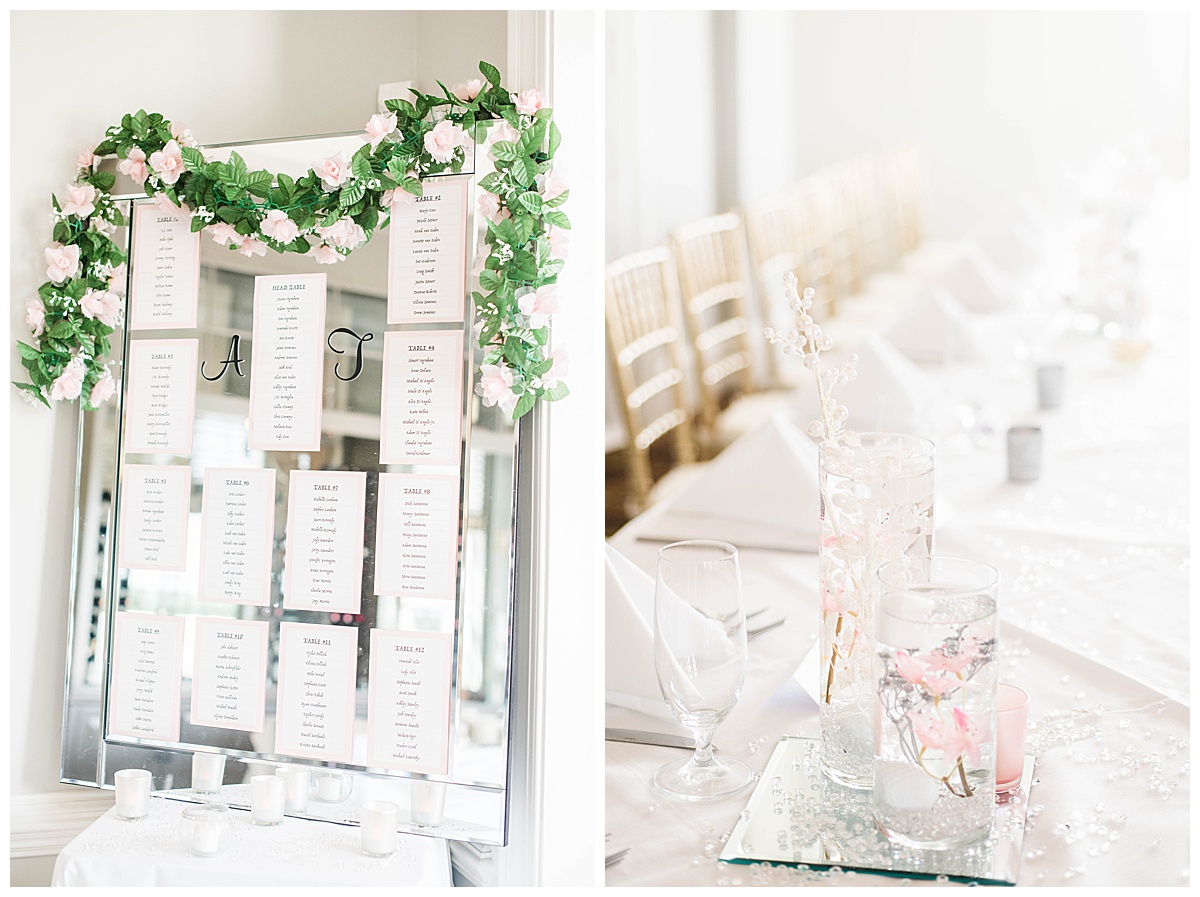 Independence Golf Club Wedding: wedding reception, seating arrangement, floral garland, mirror table placard, wedding reception, table setting