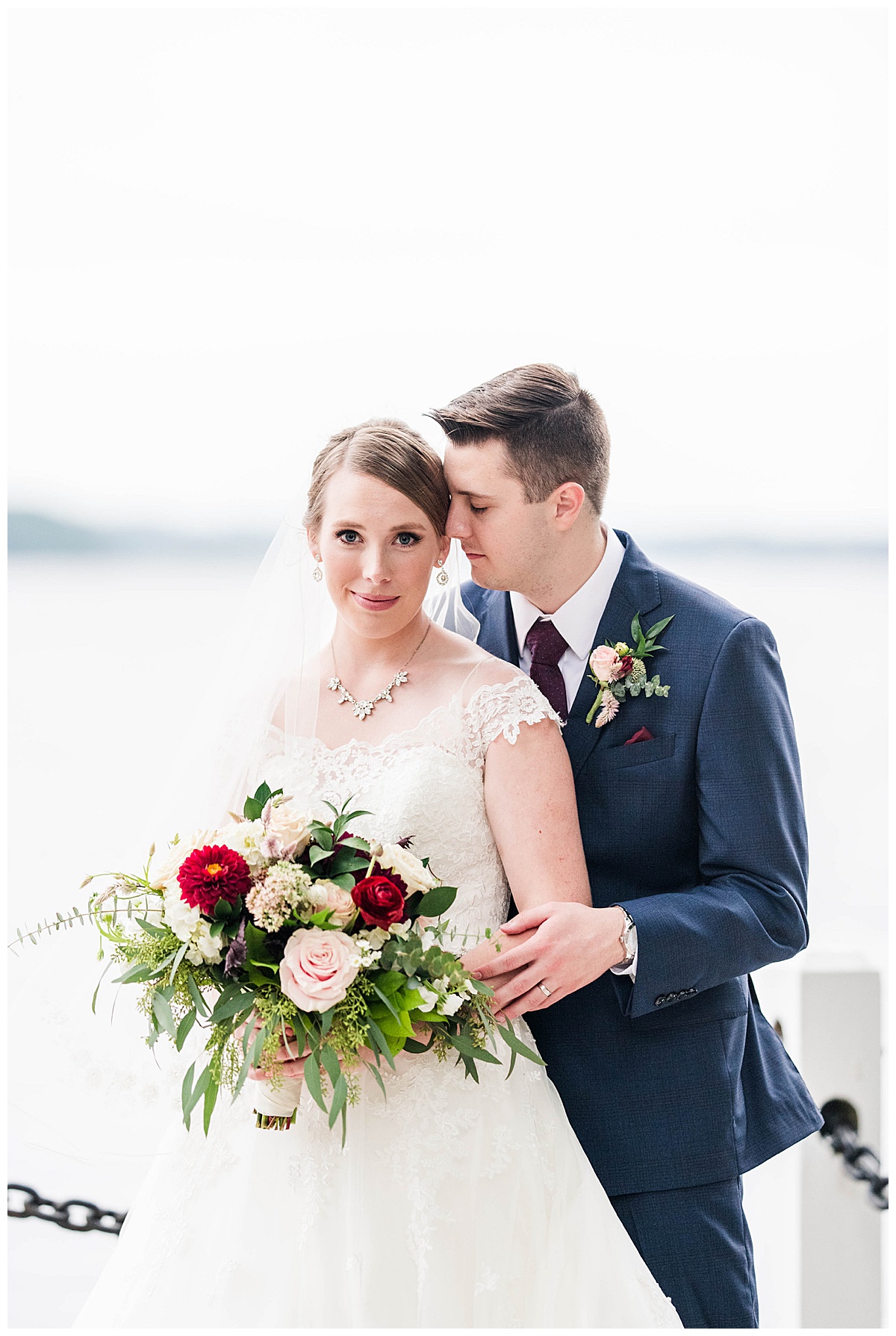 Boathouse at Sunday Park Wedding: blush and burgundy wedding colors, bridal flowers, bride and groom portrait, waterview