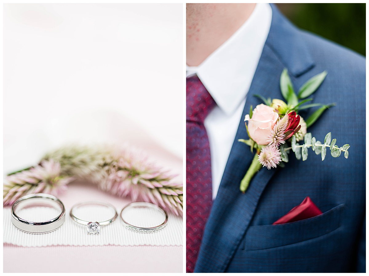 Boathouse at Sunday Park Wedding: wedding rings, groom detail shot, blue suit, burgundy tie