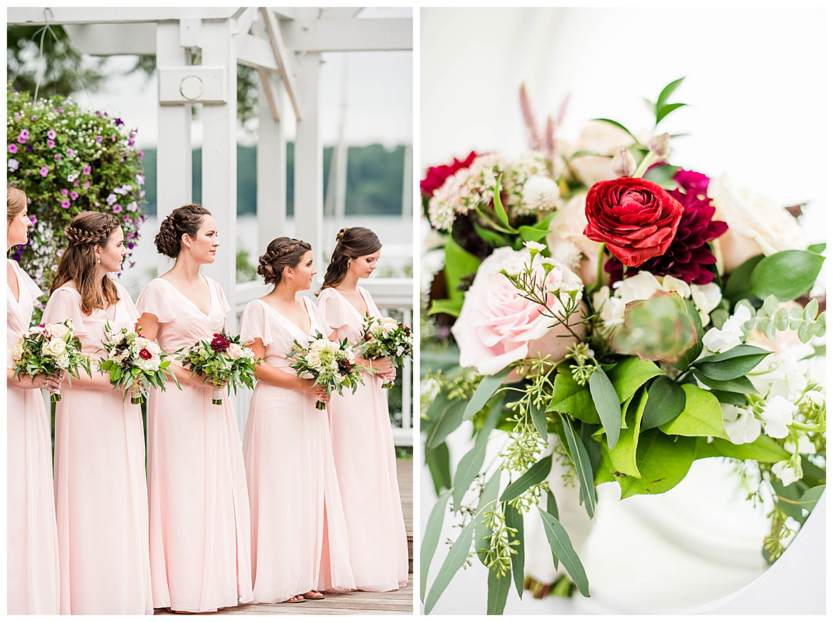 Boathouse at Sunday Park Wedding: bride's bouquet, bridesmaids, pink blush bridesmaid dresses, wedding party