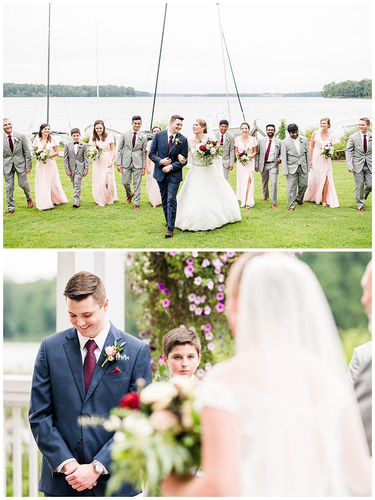 Boathouse at Sunday Park Wedding: wedding party, waterfront wedding venue, richmond, outdoor, groom smiling during ceremony