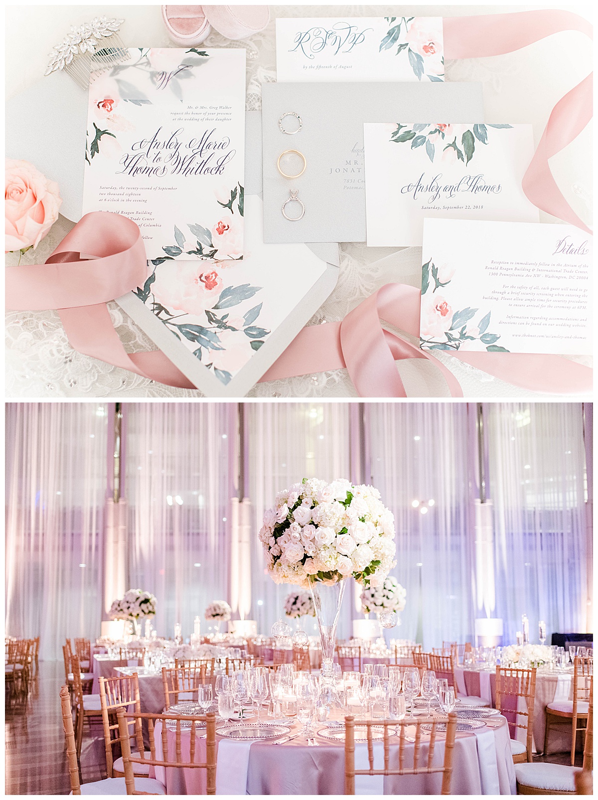 Ronald Reagan Building Wedding: Downtown DC, glamorous, invitations, florals, table styling, sparkly centerpieces, wedding reception