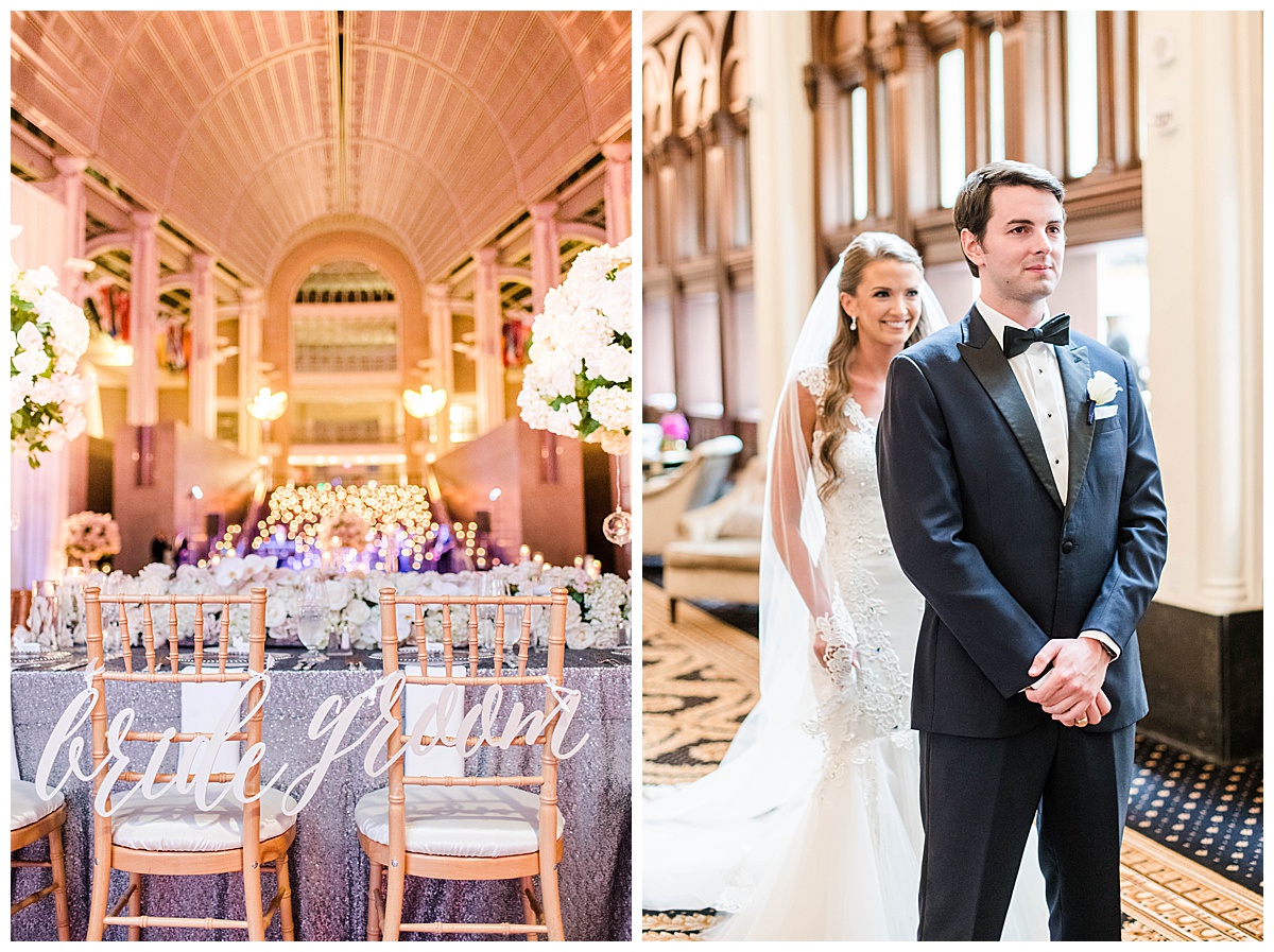 Ronald Reagan Building Wedding: first look, bride and groom, wedding reception, sweetheart table, table setting