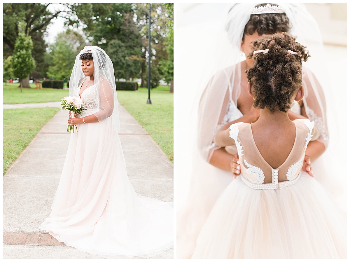 University of Lynchburg Wedding: bridal portrait, flower girl, wedding dress, long veil, wedding flowers, outdoor