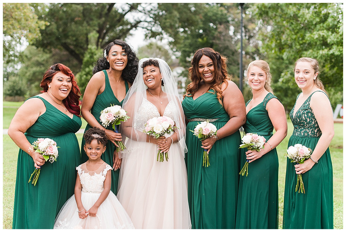 University of Lynchburg Wedding: wedding party, bridesmaids, green bridesmaid dresses, flower girl, bride, blush wedding dress