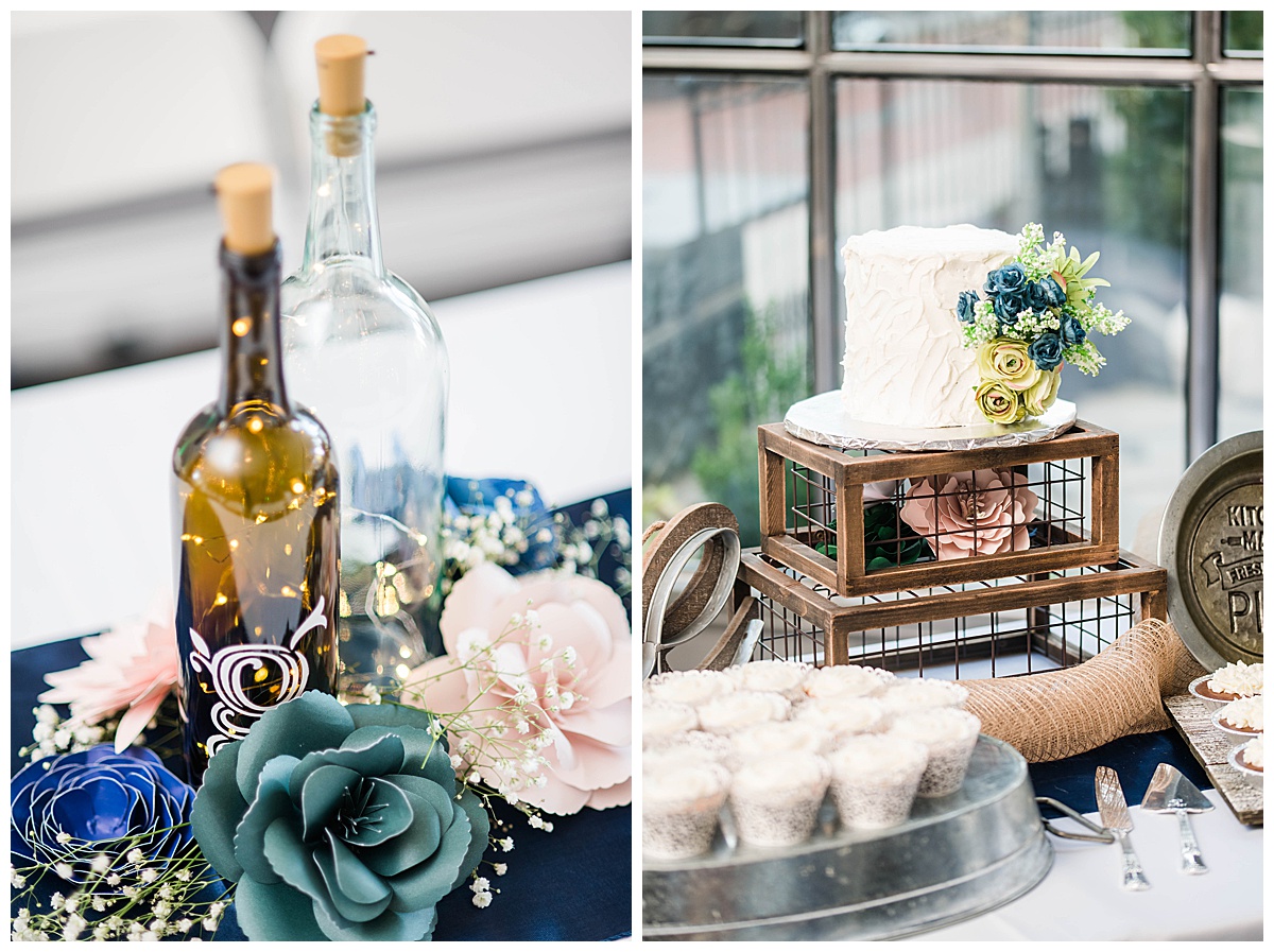 University of Lynchburg Wedding: table setting, table styling, wedding reception, pie, wedding cake, cupcakes