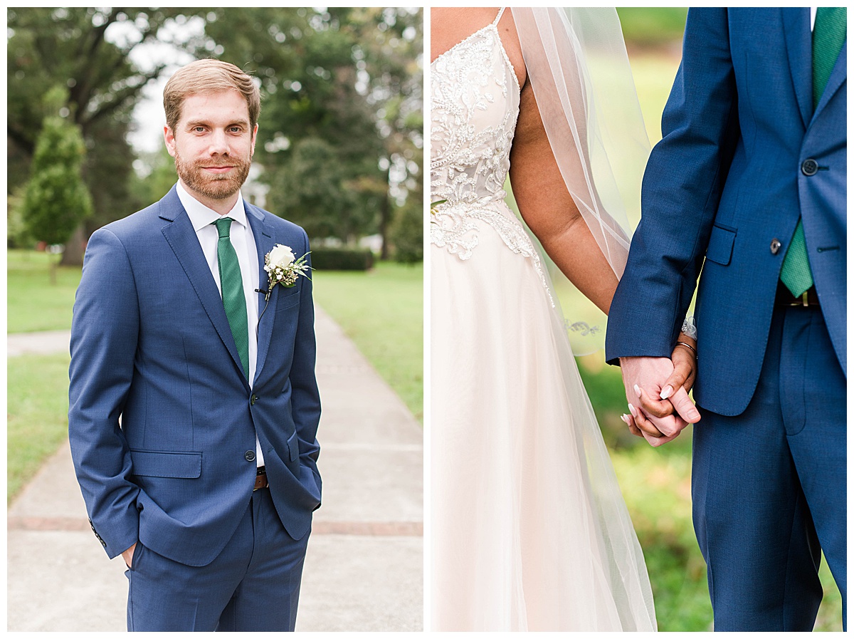 University of Lynchburg Wedding: groom, bride and groom, holding hands, formal portrait, outside