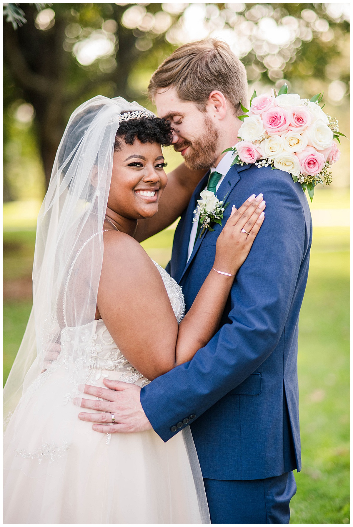 University of Lynchburg Wedding: snidow chapel, bride and groom, smiling, pink and white wedding flowers, blush wedding dress, tiara