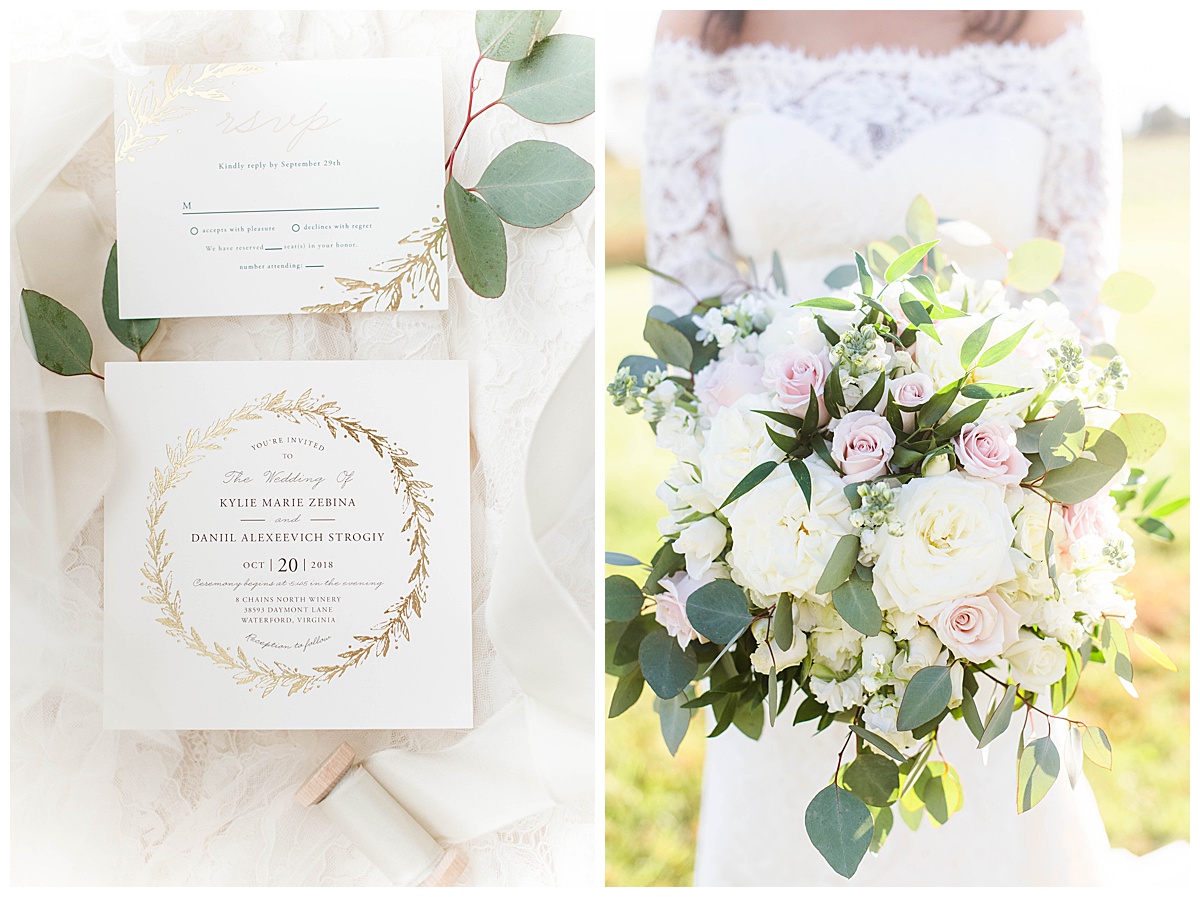 8 Chains North Winery Wedding: bridal bouquet, invitation suite, gold and white, pronovias white wedding dress, outside