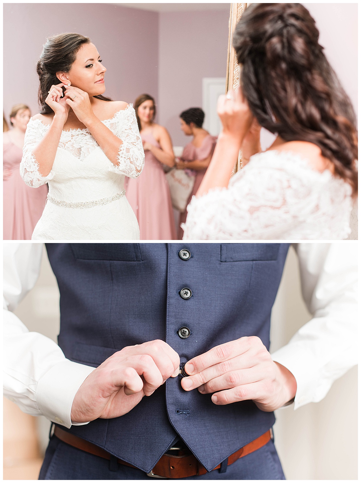 8 Chains North Winery Wedding: bride and groom getting ready, blue vest, blue suit, dusty rose bridesmaid dresses, wedding party