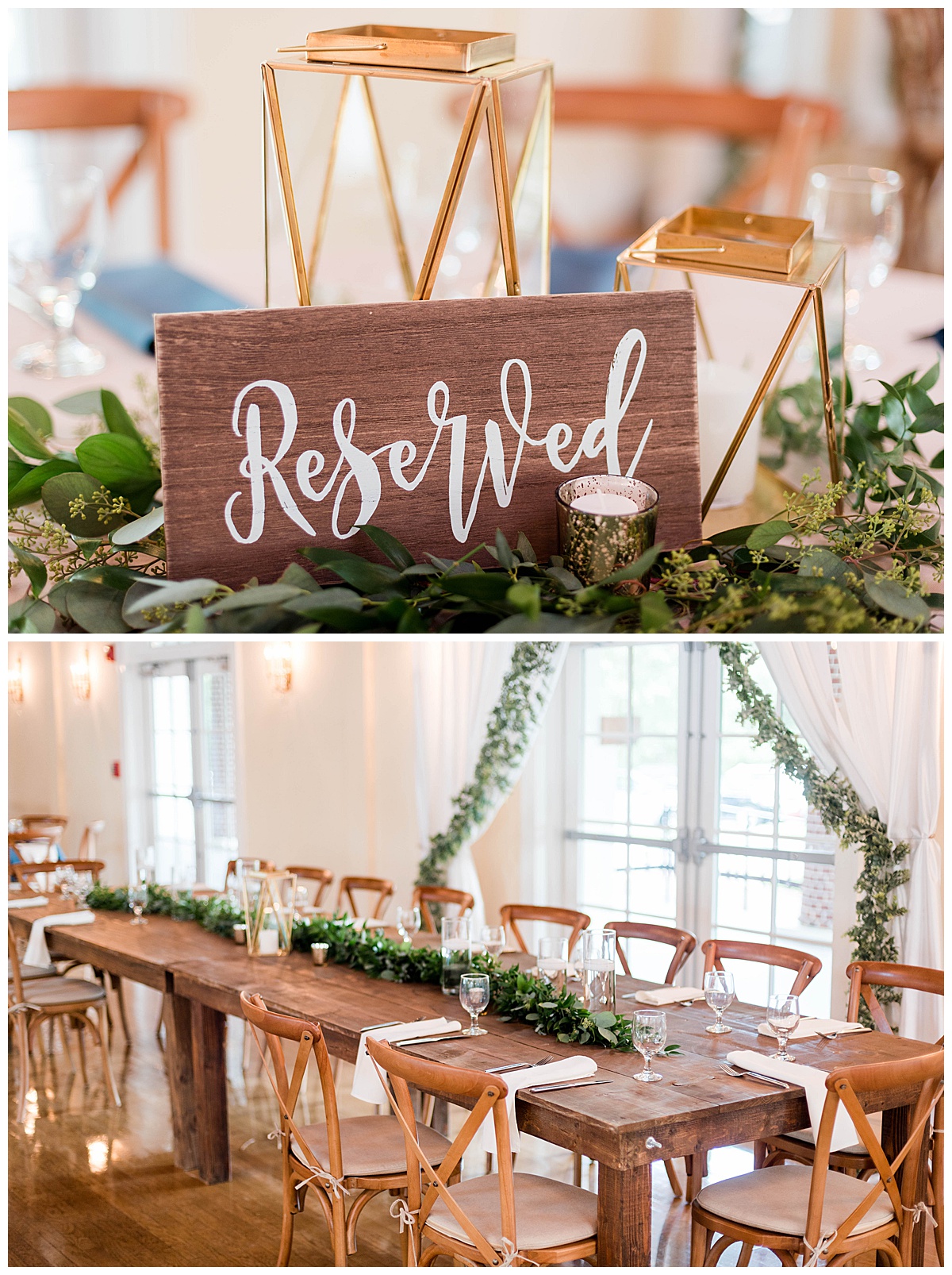 Woman's Club at Portsmouth Summer Wedding: wedding reception, reserved sign, table setting, garland, greenery