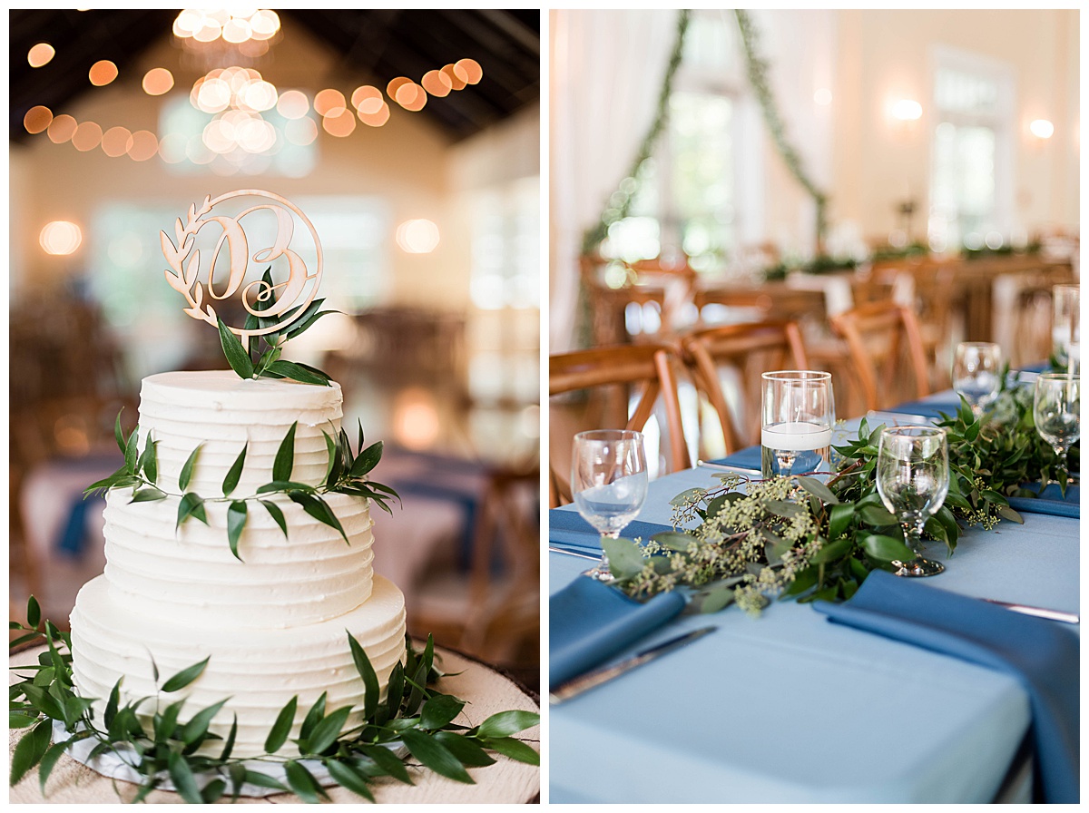 Woman's Club at Portsmouth Summer Wedding: wedding reception, tablescape, table styling, blue tablecloth, wedding cake, rustic wedding decor