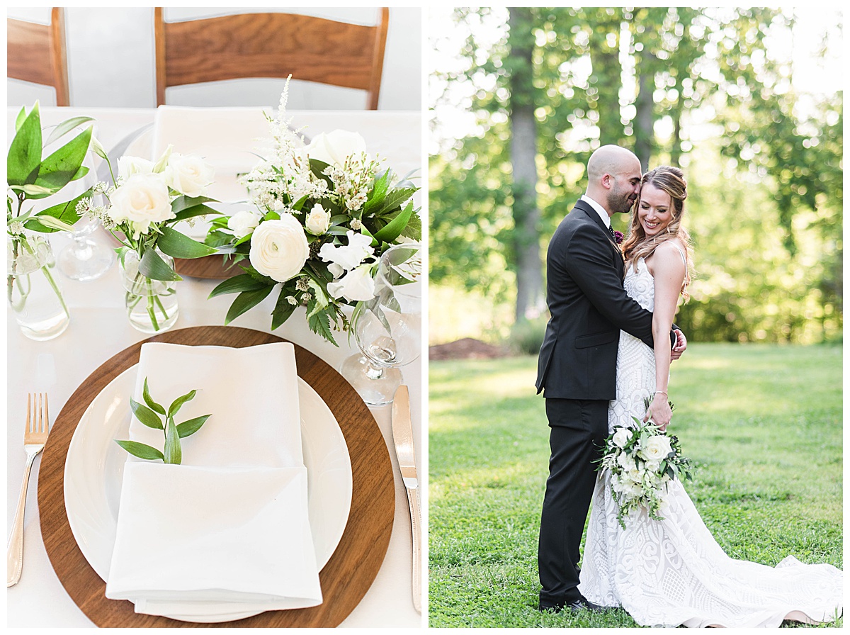 Wood Grain and Greenery Seven Springs Farm Wedding: Table Decor and Bride and Groom Portrait