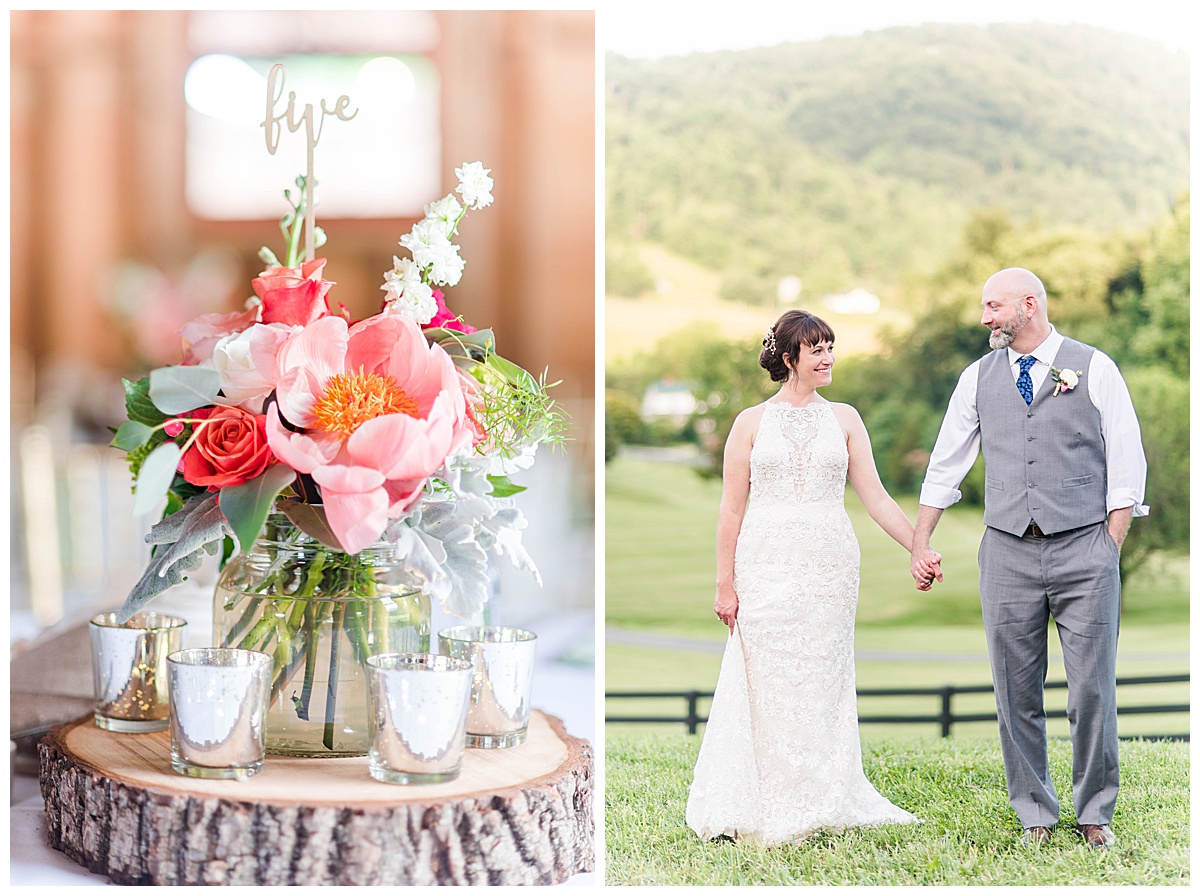 Rustic Charlottesville Farm Wedding: Bride and Groom and Wedding Floral Centerpieces