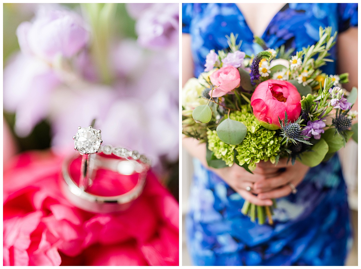 DC Church Wedding: Pink florals, blue dress, wedding ring detail photo