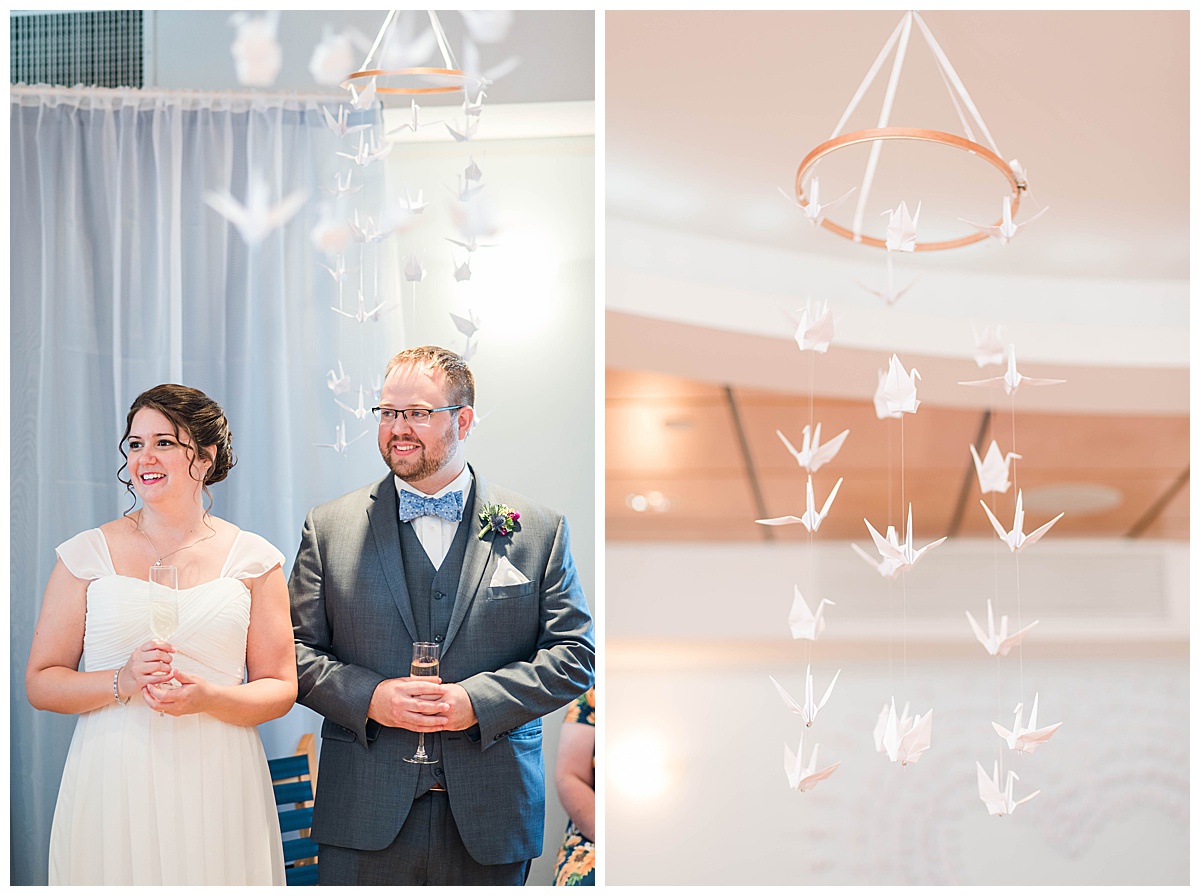 DC Church Wedding: Bride and Groom Portrait, wedding reception details, white paper cranes, 1000 paper cranes inspiration