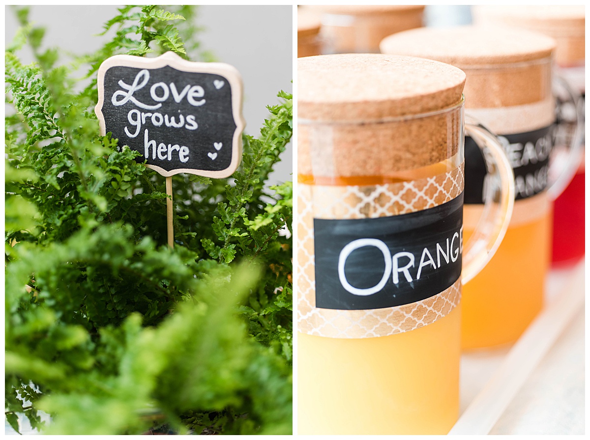 DC Church Wedding: wedding reception catering details, juice, mixers, fern, love grows here sign