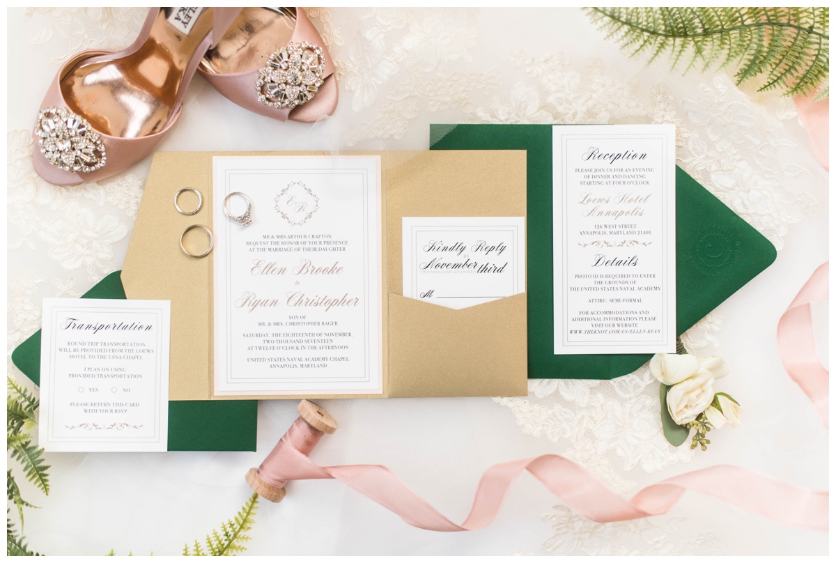 Naval Academy Fall Wedding in Annapolis, MD green and gold Invitation Suite
