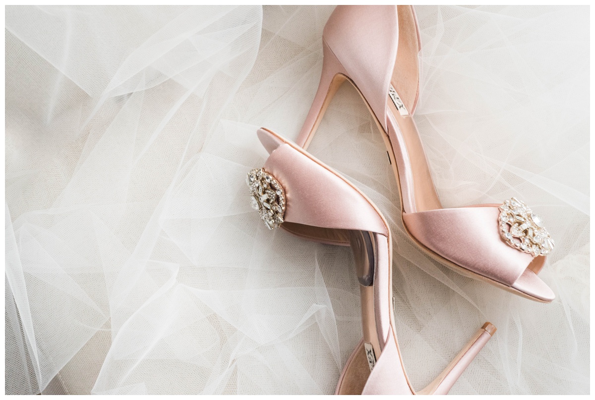 Naval Academy Fall Wedding in Annapolis, MD pink Badgley Mischka wedding shoes and veil