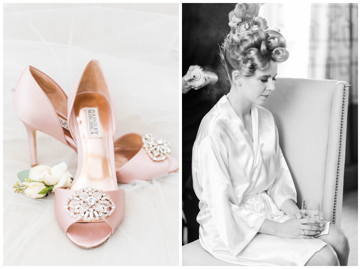Naval Academy Fall Wedding in Annapolis, MD pink Badgley Mischka wedding shoes and getting ready