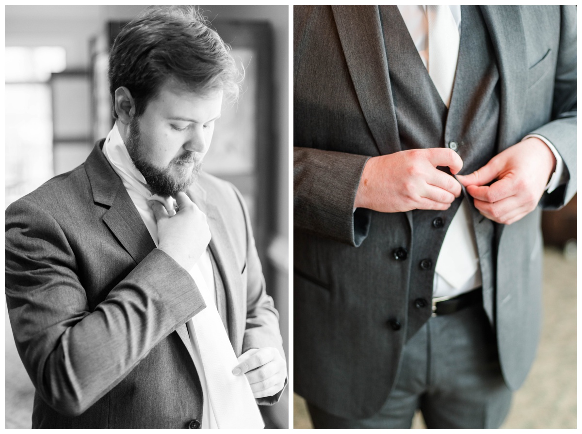 garden party inspired winter december wedding the mill at fine creek wedding venue winter grooms details groomswear gray suit white shirt white tie groom's getting ready