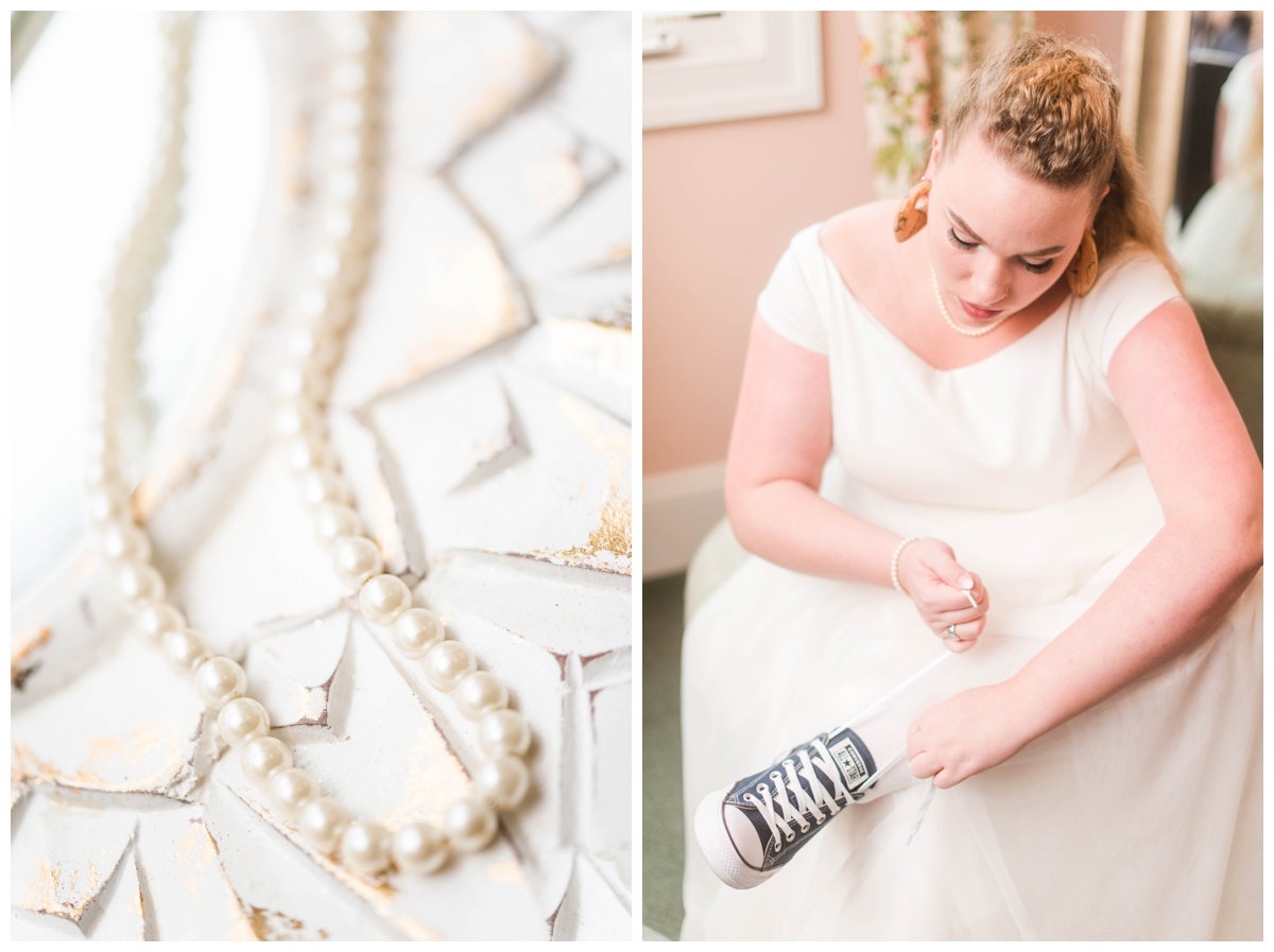 garden party inspired winter wedding the mill at fine creek wedding venue bridal portrait getting ready photo pinecone bridal shoes vans pearl necklace wedding 