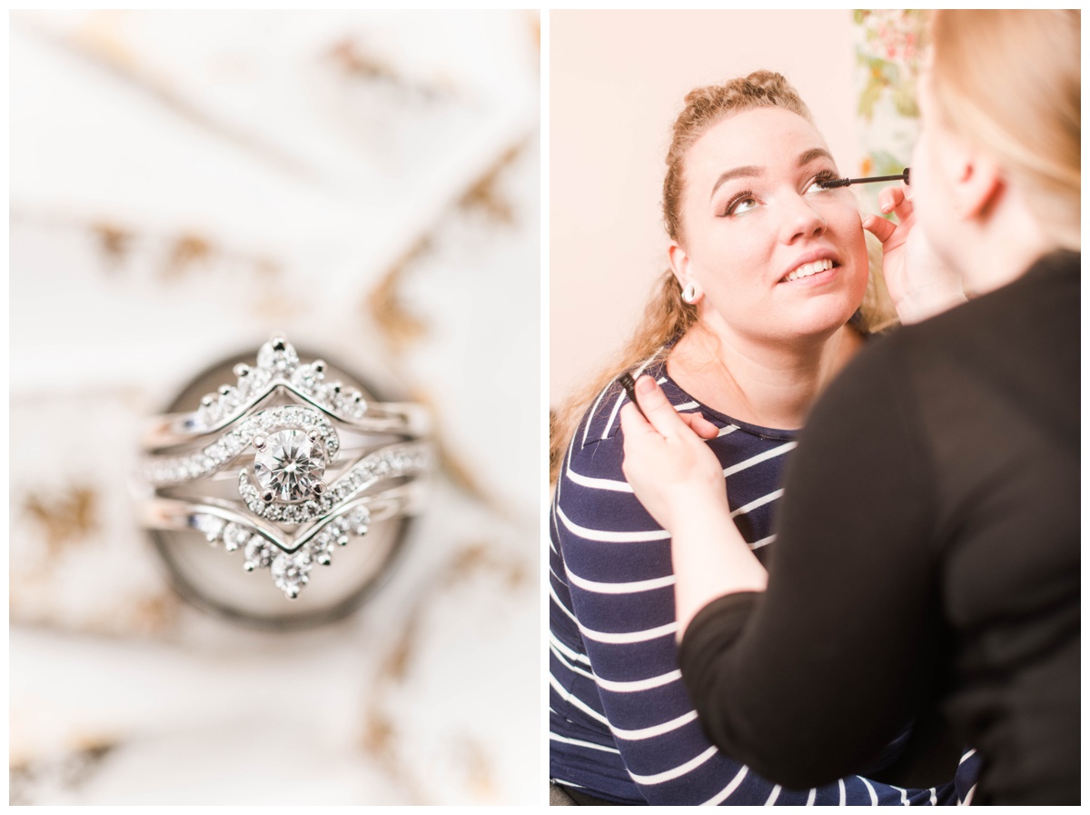 garden party inspired winter wedding the mill at fine creek wedding venue bridal portrait getting ready photo bridal look virginia makeup artist wedding ring white background close up