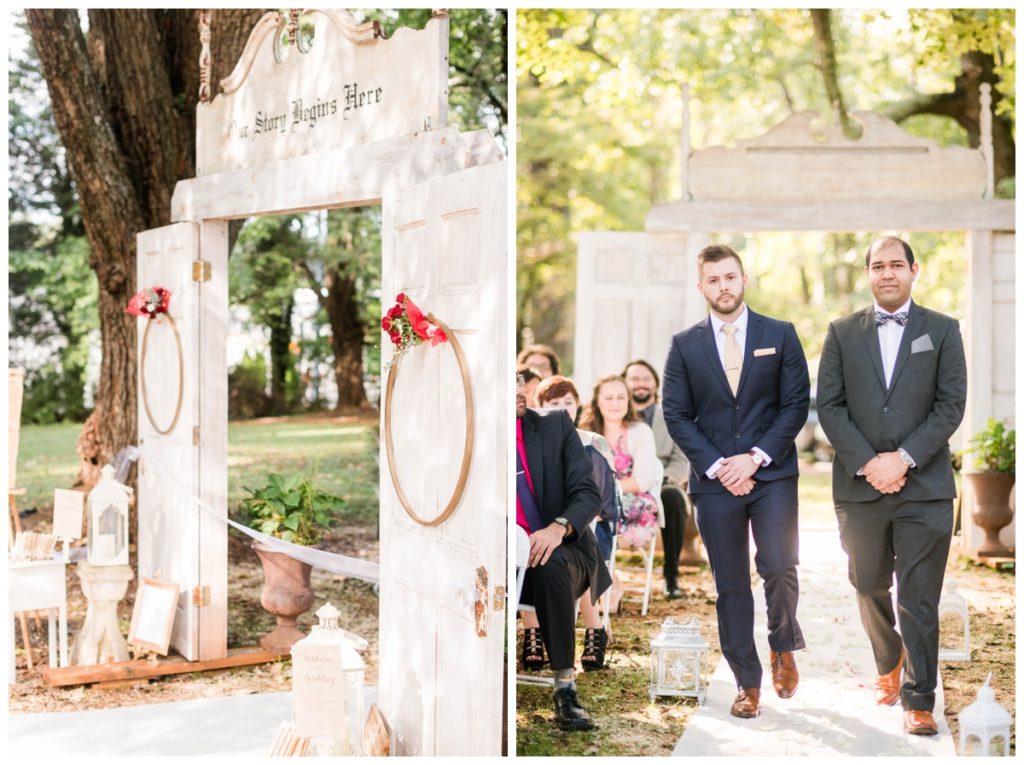 rustic vintage inspired wedding Charlottesville B & B fall Wedding vintage rustic wedding decor groom walking with officiant