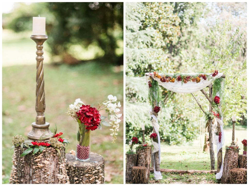 rustic vintage inspired wedding Charlottesville B & B fall Wedding vintage rustic wedding decor candles and ceremony arch backdrop