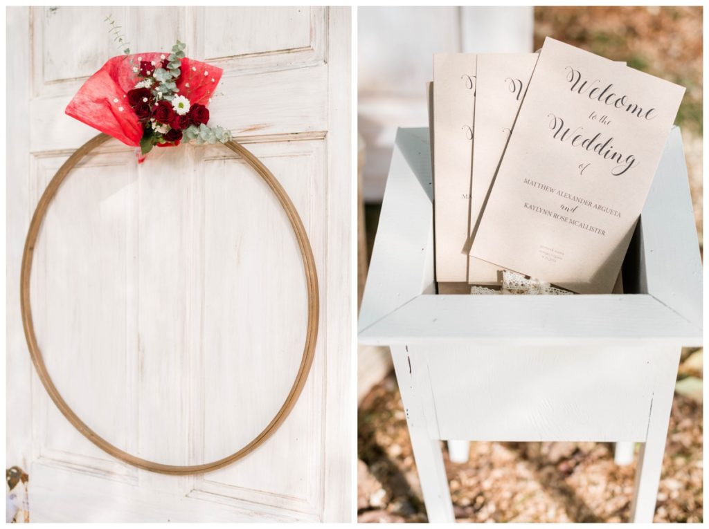 rustic vintage inspired wedding Charlottesville B & B fall Wedding floral hoop and wedding schedule fan 