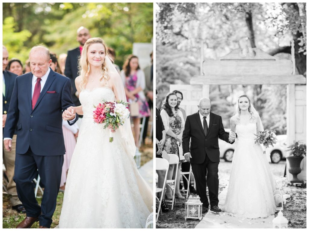 rustic vintage inspired wedding Charlottesville B & B fall Wedding vintage rustic wedding decor bride and father walking down aisle