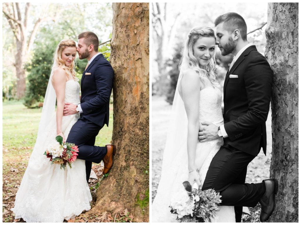 rustic vintage inspired wedding Charlottesville B & B fall Wedding  bride and groom outdoors beside tree