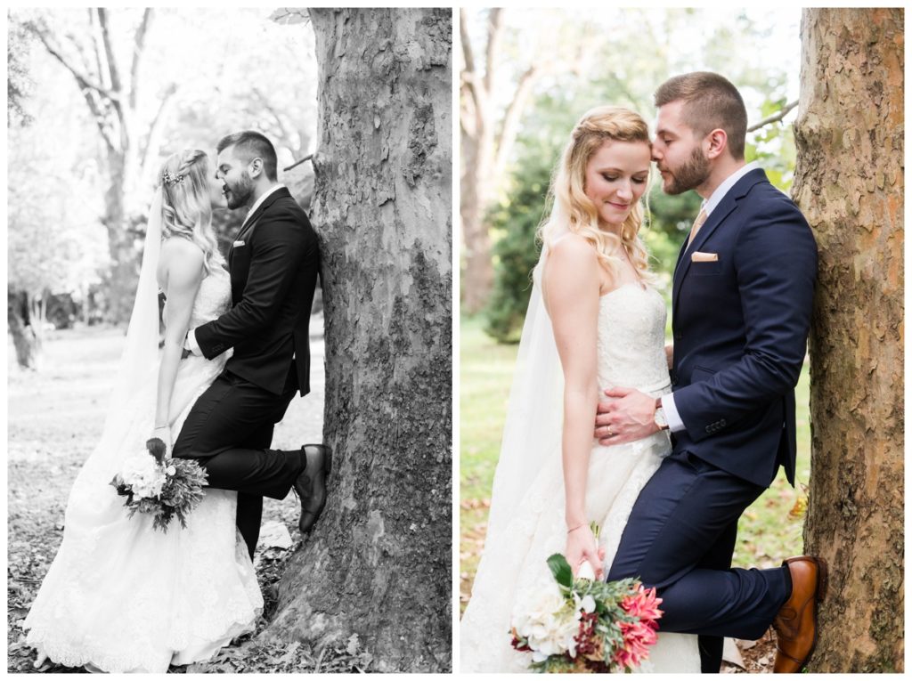 rustic vintage inspired wedding Charlottesville B & B fall Wedding  bride and groom outdoors by tree kissing
