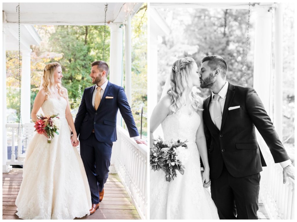 rustic vintage inspired wedding Charlottesville B & B fall Wedding  bride and groom outdoors on front porch