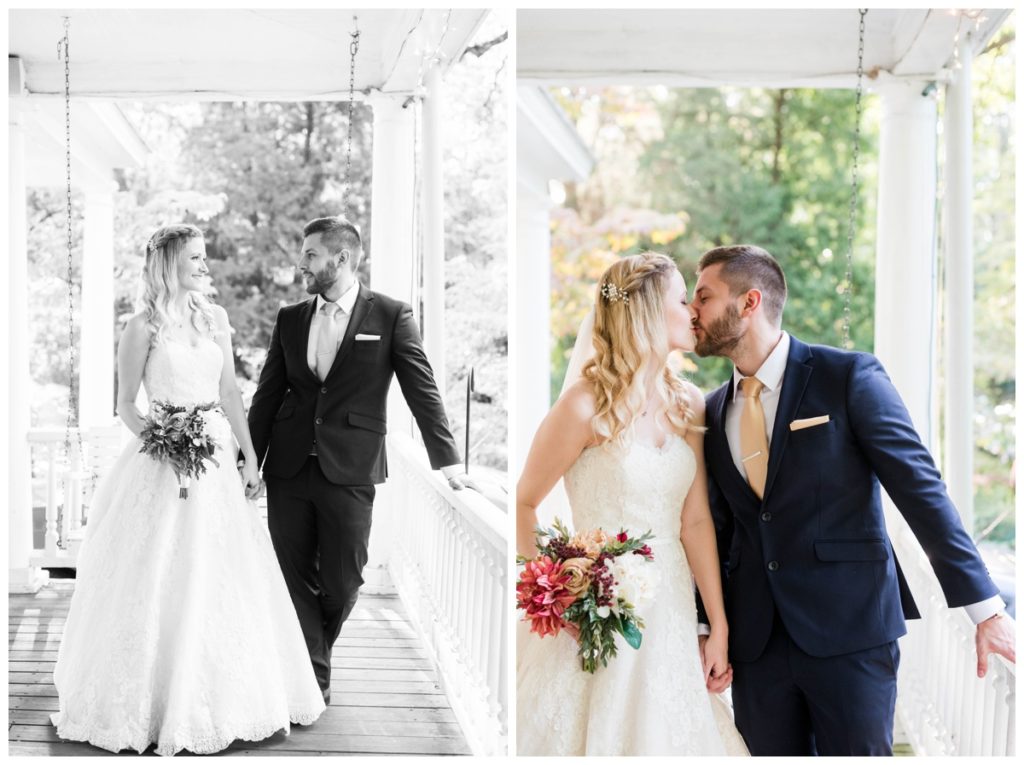 rustic vintage inspired wedding Charlottesville B & B fall Wedding  bride and groom outdoors on front porch