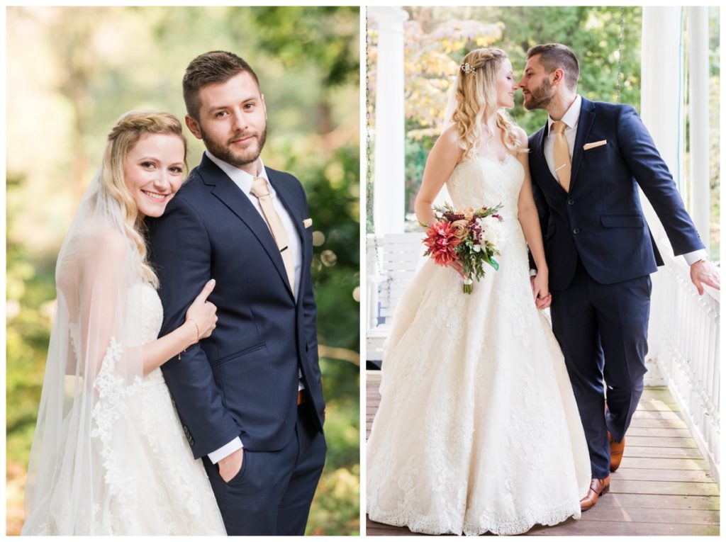 rustic vintage inspired wedding Charlottesville B & B fall Wedding  bride and groom outdoors in garden and on front porch