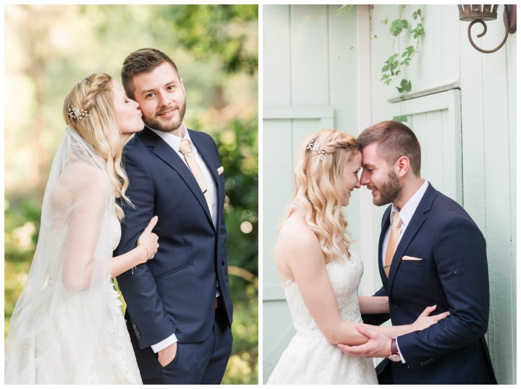rustic vintage inspired wedding Charlottesville B & B fall Wedding  bride and groom outdoors bride kissing groom