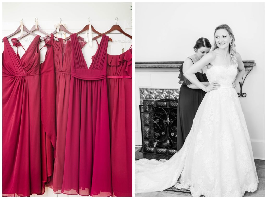 rustic vintage inspired wedding Charlottesville B & B fall Wedding burgundy bridesmaid dresses bride and bridesmaid getting ready photo black and white