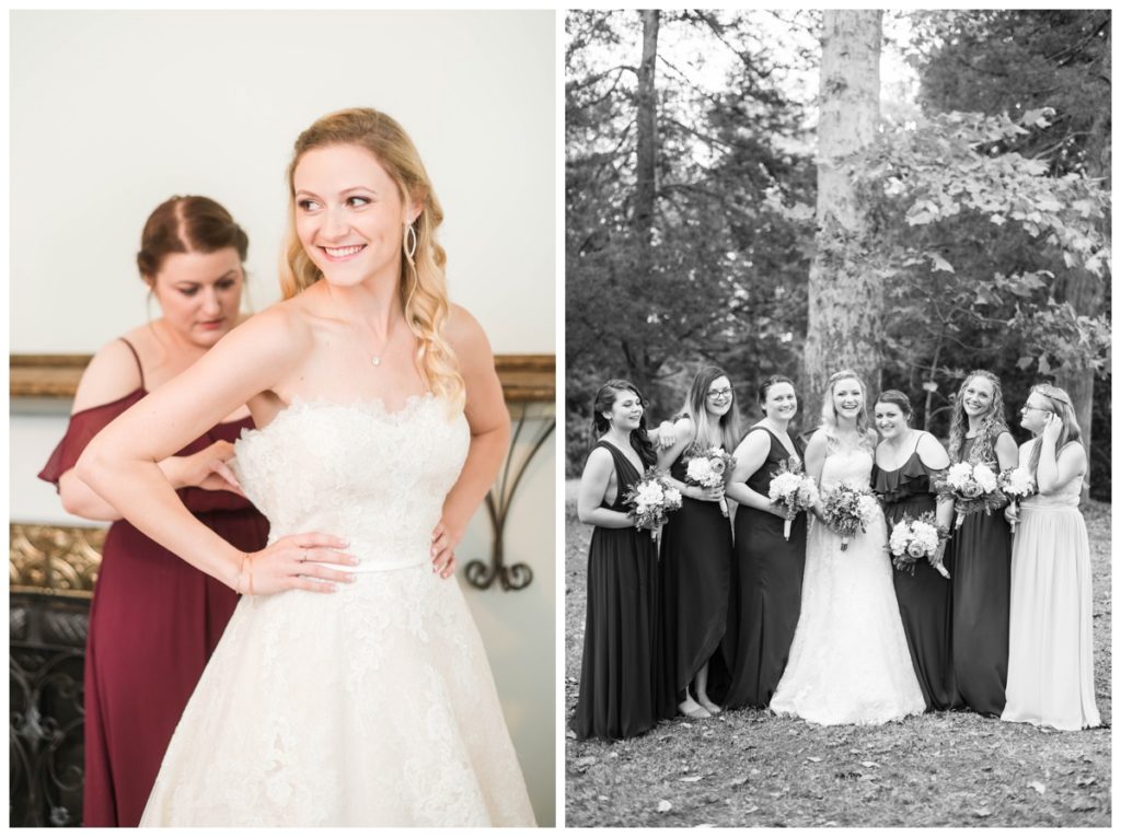 rustic vintage inspired wedding Charlottesville B & B fall Wedding bride and bridesmaid getting ready photo and bridal party formal portrait outdoors laughing