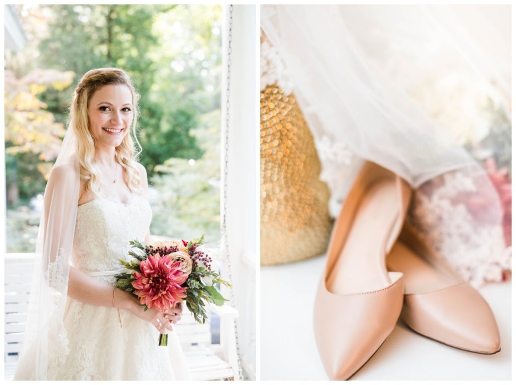 rustic vintage inspired wedding Charlottesville B & B fall Wedding bride in strapless lace wedding dress outdoors with bouquet and nude wedding shoes flats with veil