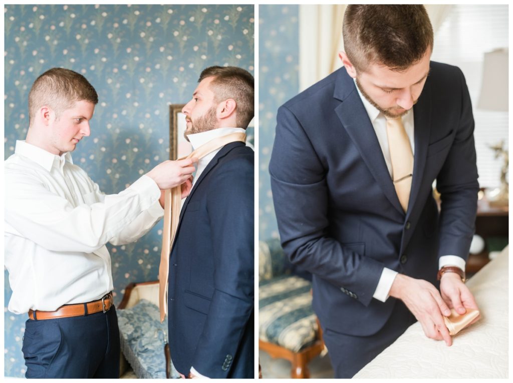 rustic vintage inspired wedding Charlottesville B & B fall Wedding groom and groomsman getting ready photo