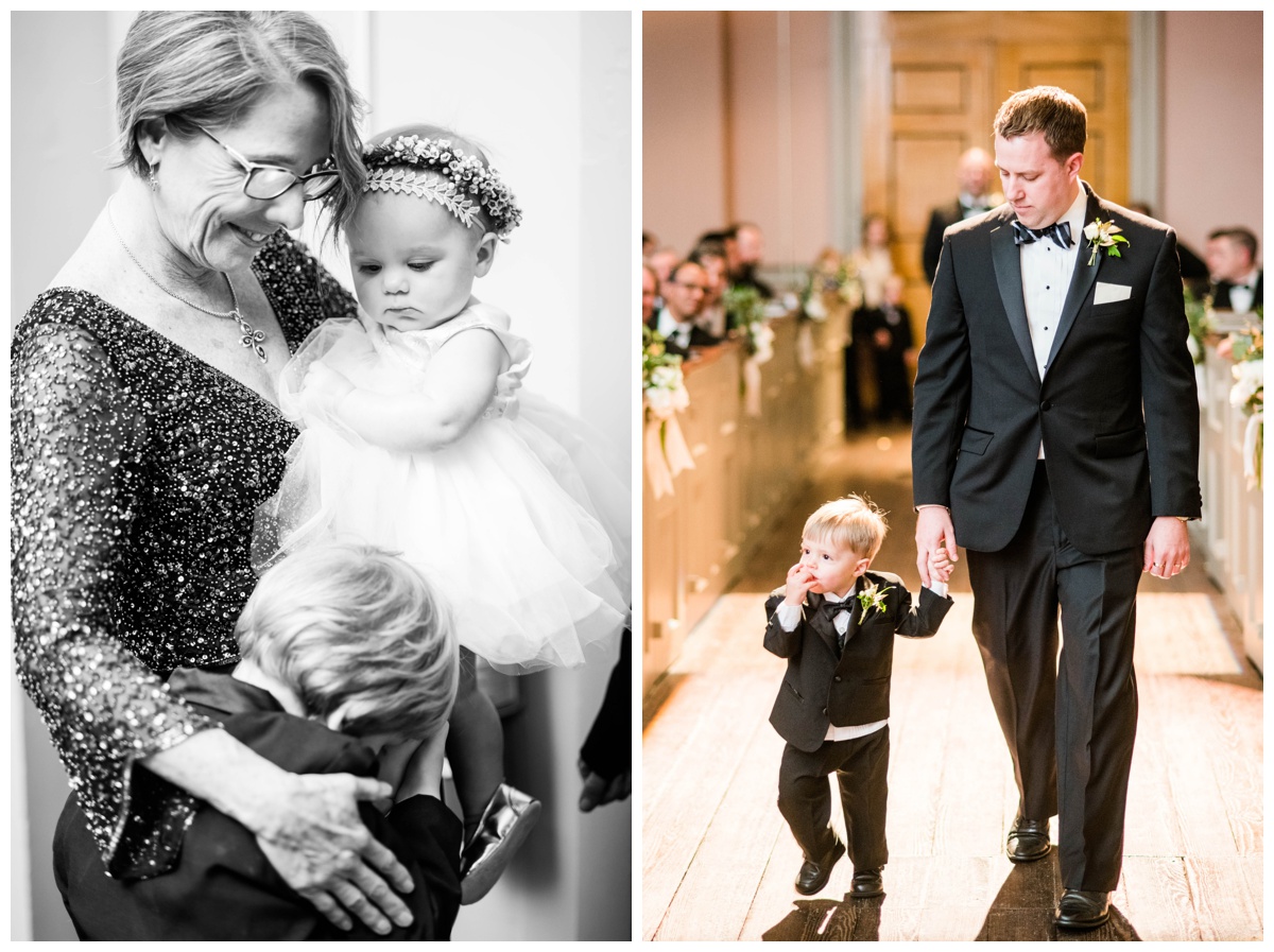 monumental church wedding december wedding richmond wedding winter wedding wedding party kids black tux ringbearer duo richmond ceremony venue church wedding richmond wedding photographer flower girl flower crown black and white photo hug sarah and dave photography