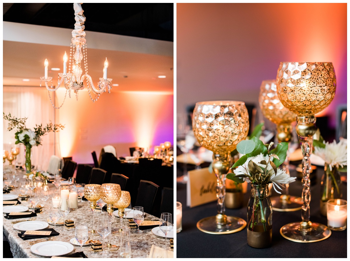 classic new years eve wedding richmond virginia table scape flower centerpieces with candles inspiration rva wedding venue redskins training center events rva wedding photographer black and gold new years eve place setting inspiration gold wedding flower centerpiece gold candle holders place setting inspiration