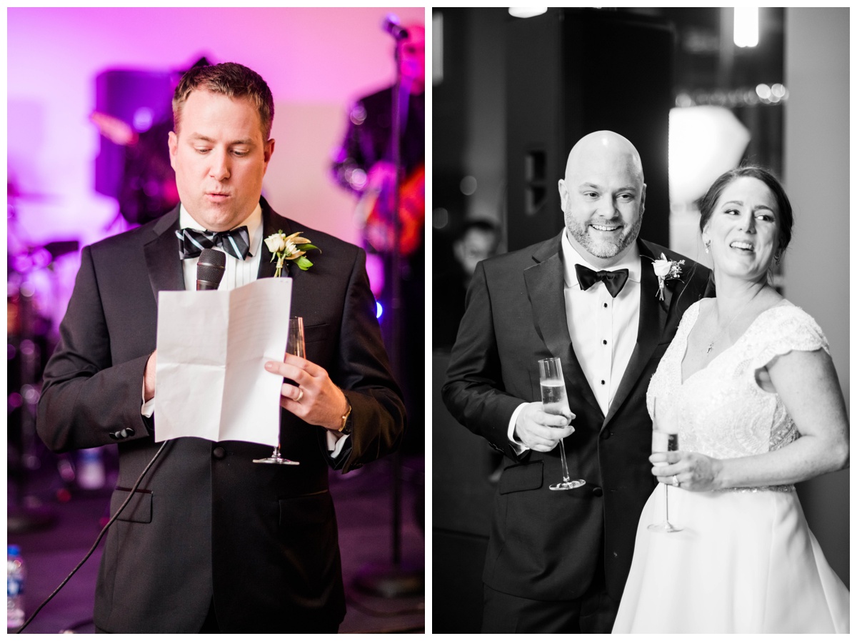 Classic new year's eve wedding black and gold wedding colors richmond virginia wedding venue redskins training center events rva richmond bride and groom wedding photographer raise the glass toast to the bride and groom happy couple