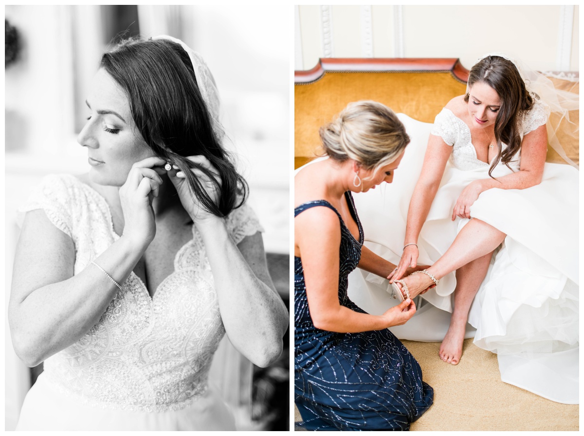 the jefferson suite at the jefferson hotel richmond brides getting ready navy blue bridesmaid dress anne barge wedding dress bridal jewelry earrings badgley mischka wedding shoes richmond wedding photographer richmond wedding classic new years eve wedding