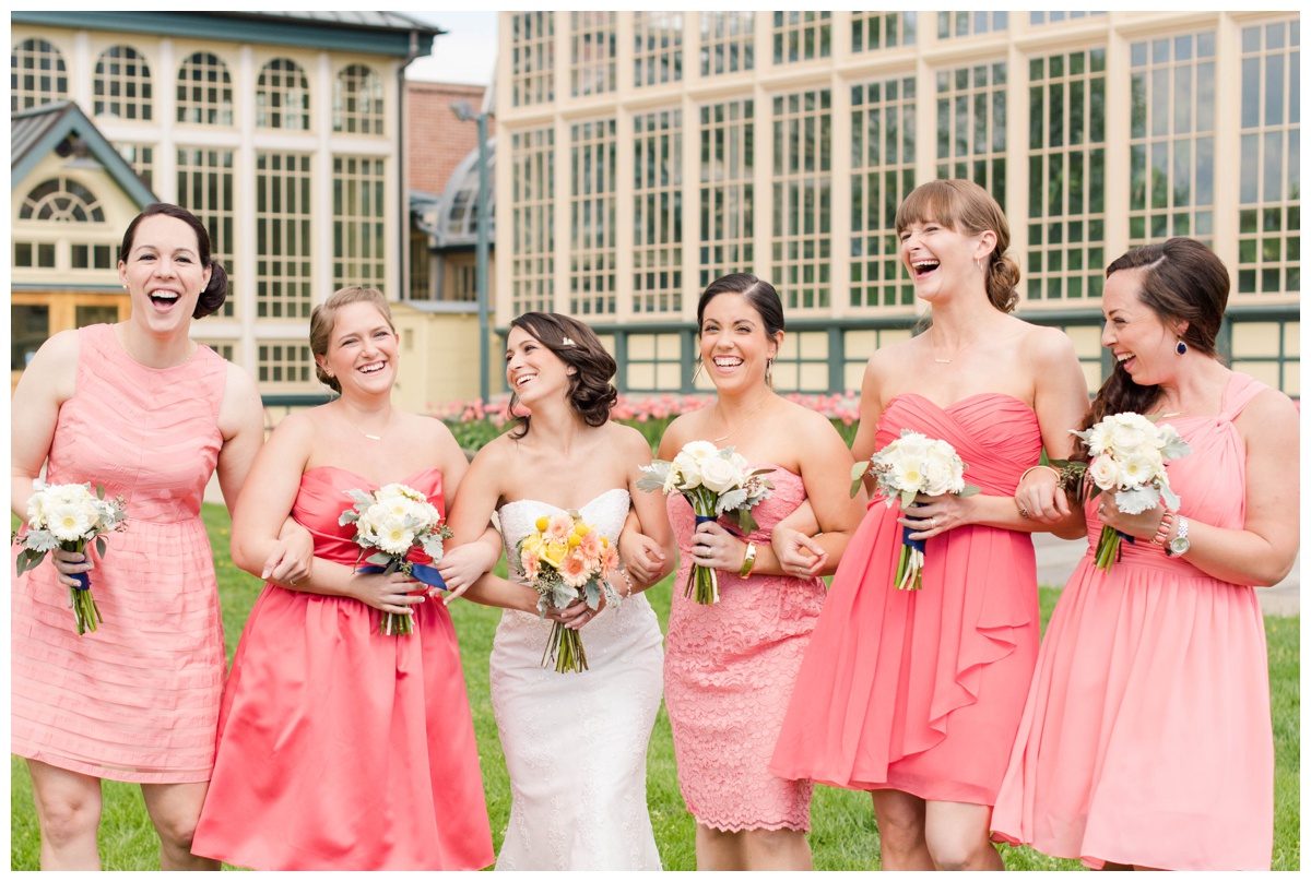coral wedding inspiration ideas coral bridesmaid dresses cocktail dresses outdoor bridal party portrait the rawlings conservatory baltimore wedding happy moment